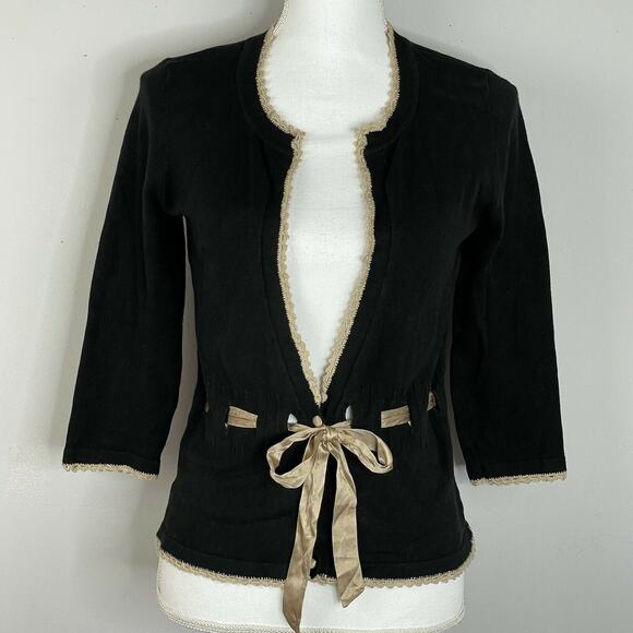 White House Black Market Black Taupe Trim Ribbon Tie Waist Cardigan Size S - Picture 2 of 9